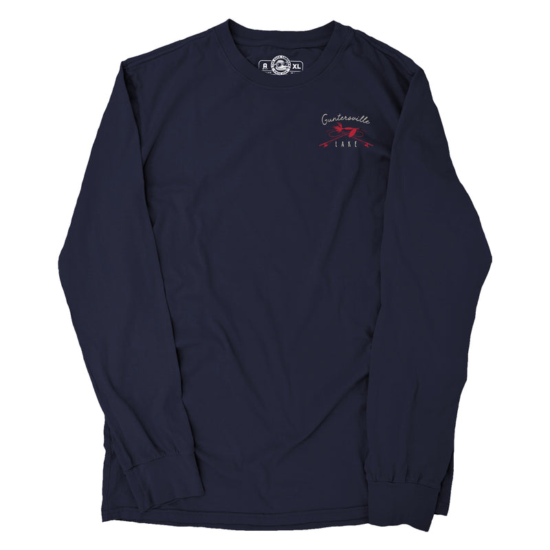 Navy long-sleeve shirt with a logo and words Guntersville Alabama on the chest against a white background