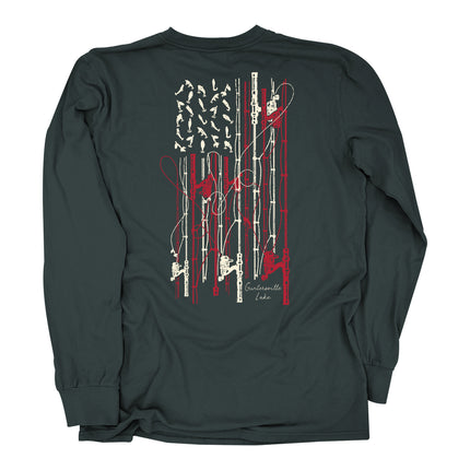 Dark green long sleeve shirt with a fishing and words Guntersville Alabama with fishing lures, gear and tackle with themed American flag graphic