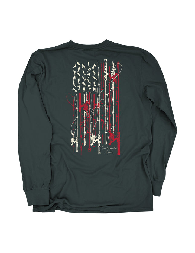 Dark green long sleeve shirt with a fishing and words Guntersville Alabama with fishing lures, gear and tackle with themed American flag graphic