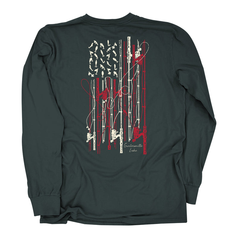 Dark green long sleeve shirt with a fishing and words Guntersville Alabama with fishing lures, gear and tackle with themed American flag graphic