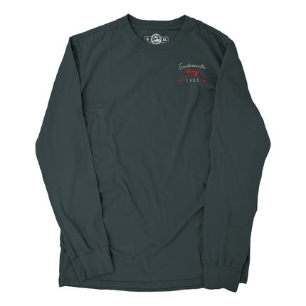 Dark green long sleeve shirt with a red Guntersville Lake graphic on the left chest