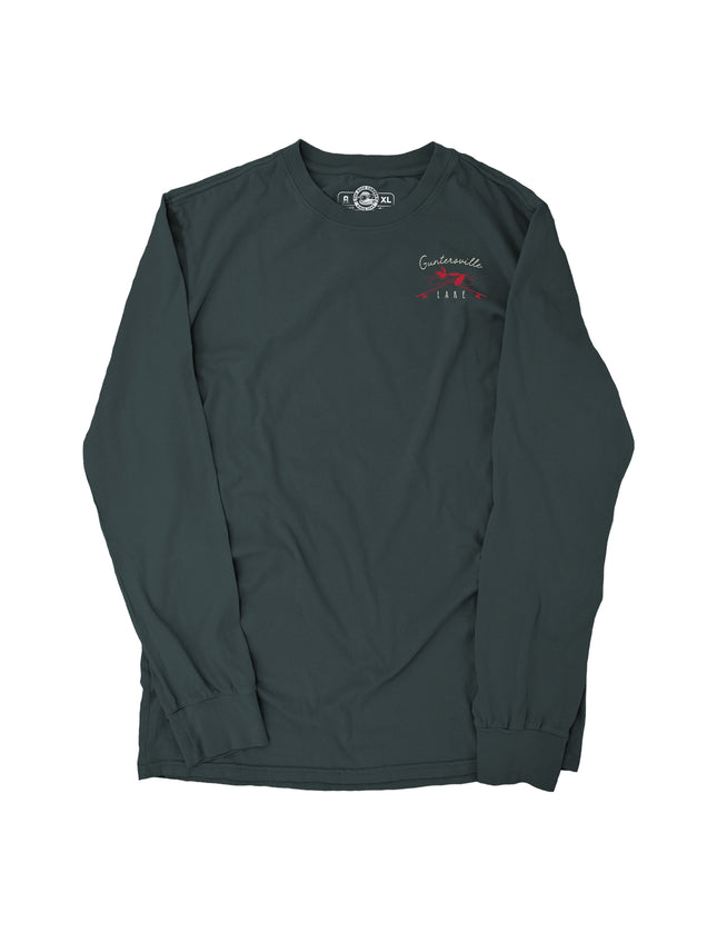Dark green long sleeve shirt with a red Guntersville Lake graphic on the left chest