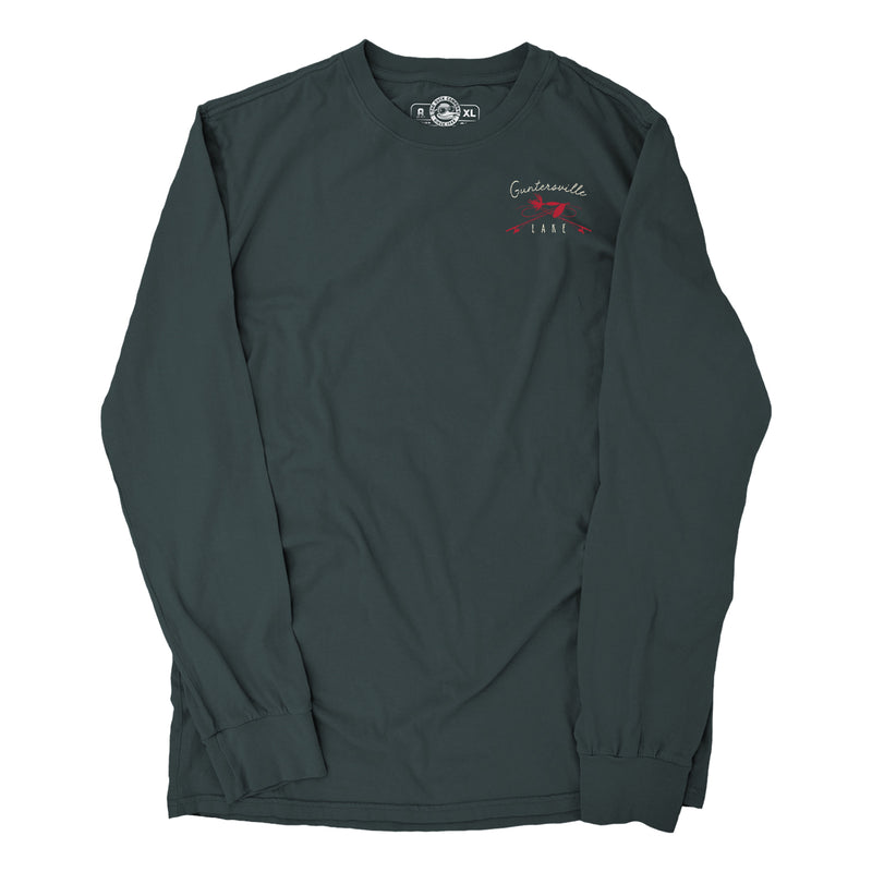 Dark green long sleeve shirt with a red Guntersville Lake graphic on the left chest