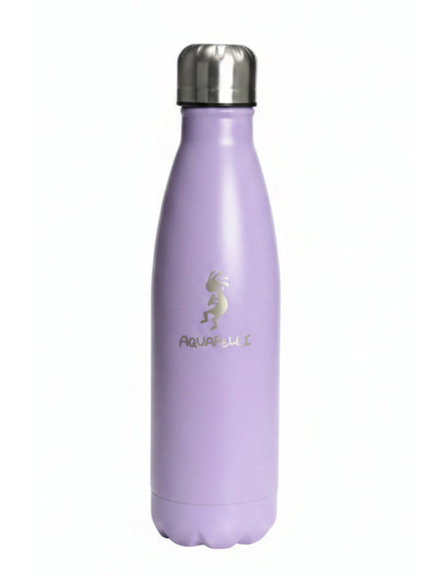 Purple vacuum sealed water bottle with silver cap and Kokopelli logo