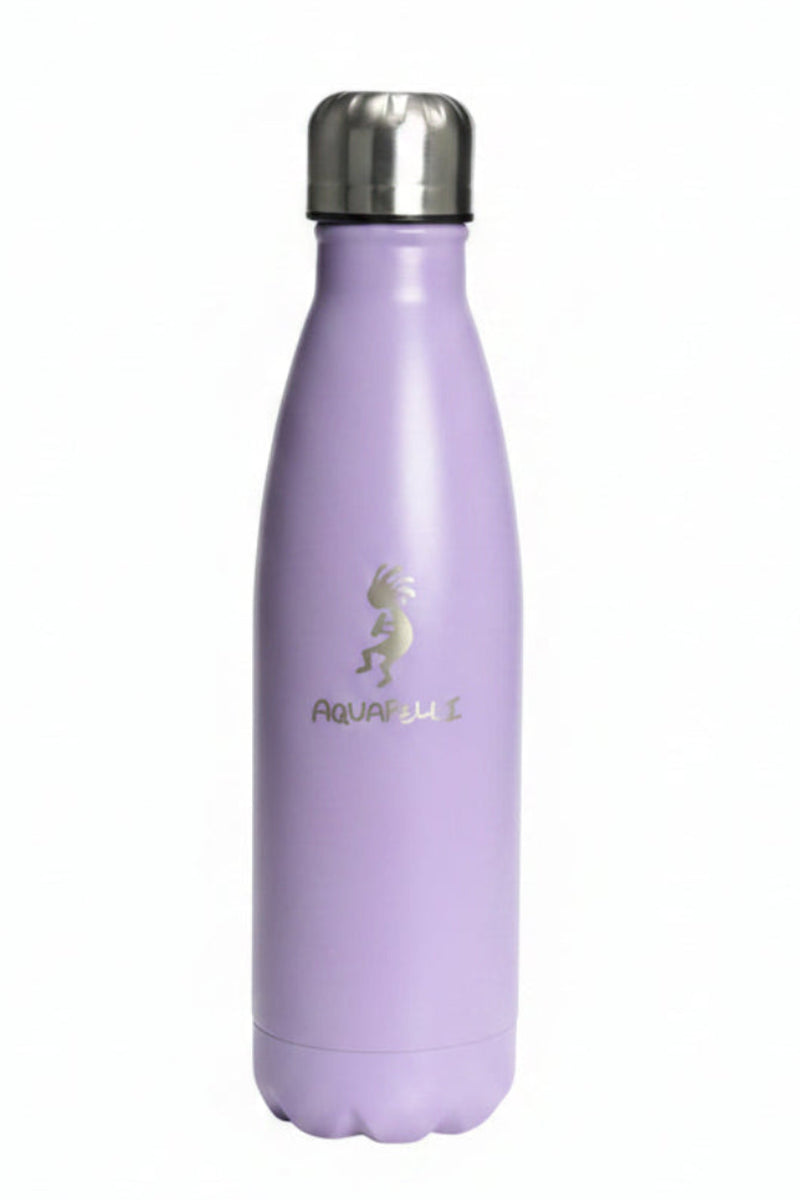 Purple vacuum sealed water bottle with silver cap and Kokopelli logo