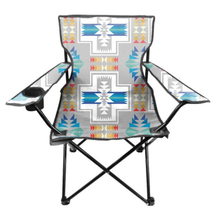 Folding chair with a colorful grey. blue, white, red, orange geometric pattern on a white background