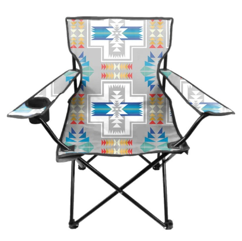 Folding chair with a colorful grey. blue, white, red, orange geometric pattern on a white background