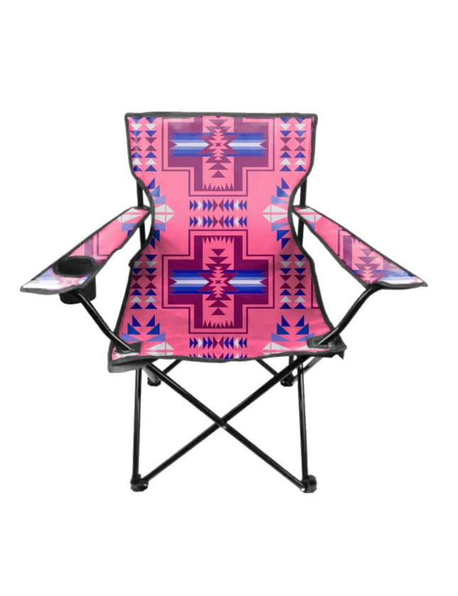 Pink and blue patterned folding chair on a white background