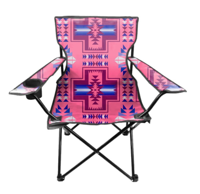 Pink and blue patterned folding chair on a white background