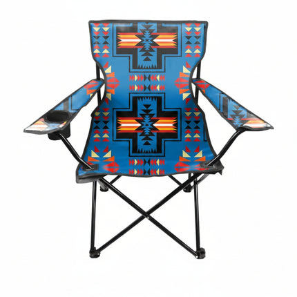Foldable chair with a colorful geometric pattern on a white background