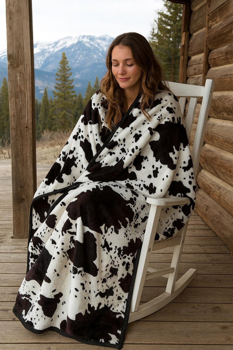 Woman sitting on a rocking chair wearing a black and white patterned blanket with a mountainous landscape in the background.