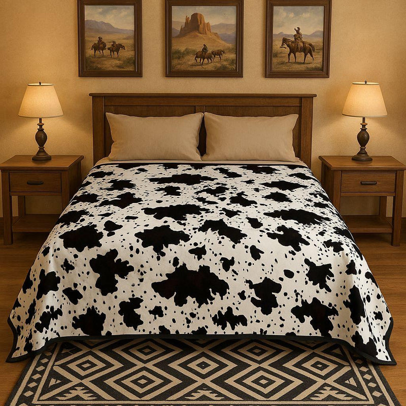 Cow printed black and white in a western style bedroom.