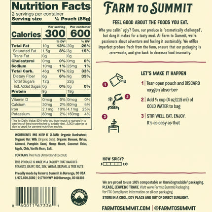 Nutrition facts label and branding information for Farm to Summit product packaging.