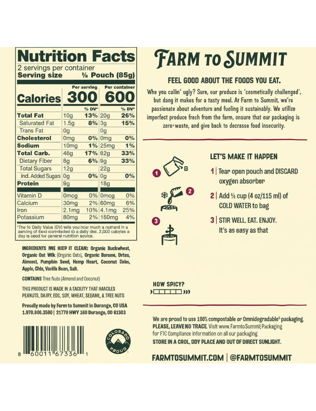 Nutrition facts label and branding information for Farm to Summit product packaging.