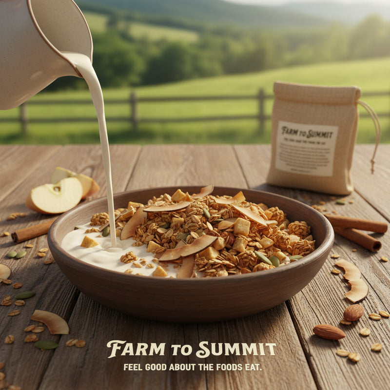 Nutrition facts label and branding information for Farm to Summit product packaging.