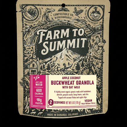 Farm to Summit buckwheat granola packaging with mountain design on a green background