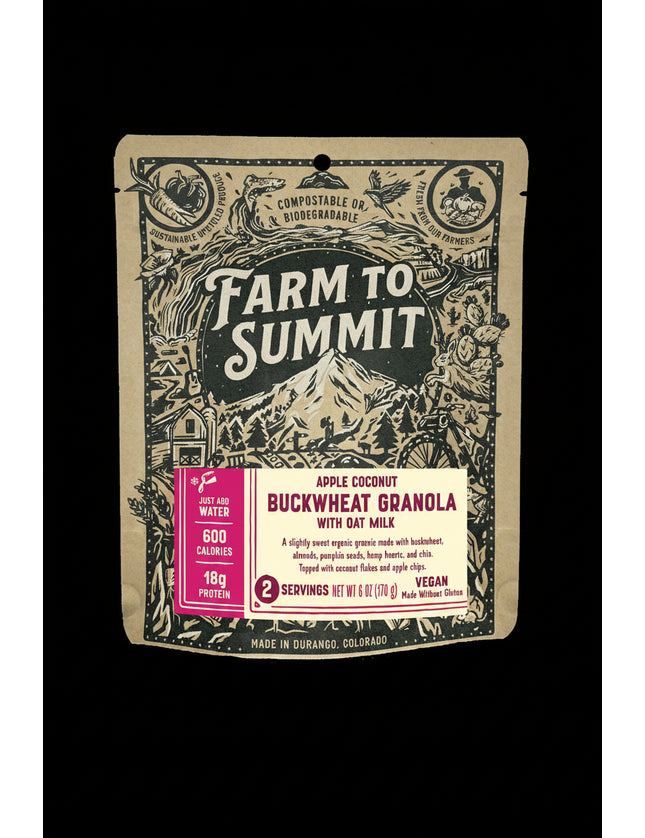 Farm to Summit buckwheat granola packaging with mountain design on a green background