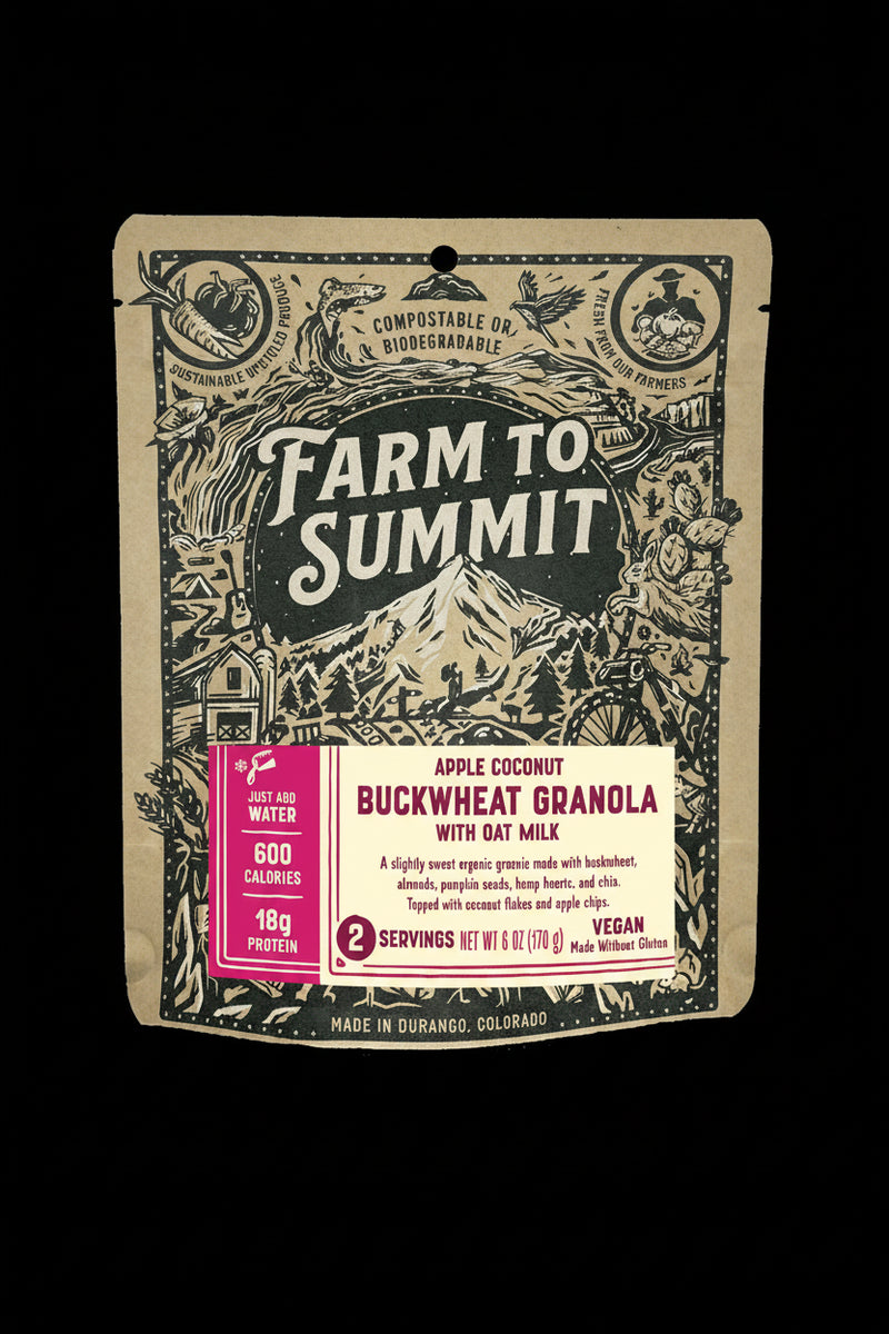 Farm to Summit buckwheat granola packaging with mountain design on a green background