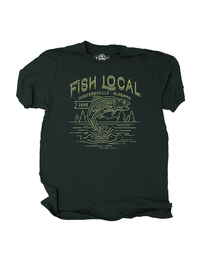 Dark green t-shirt with a graphic of a fish jumping out of water, surrounded by trees and text Fish Local and Guntersville Alabama.