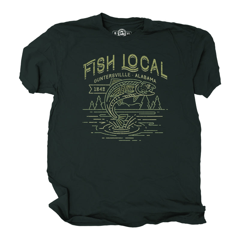 Dark green t-shirt with a graphic of a fish jumping out of water, surrounded by trees and text Fish Local and Guntersville Alabama.