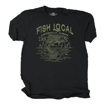 Black t-shirt with 'Fish Local' graphic design and words Guntersville Alabama on a white background
