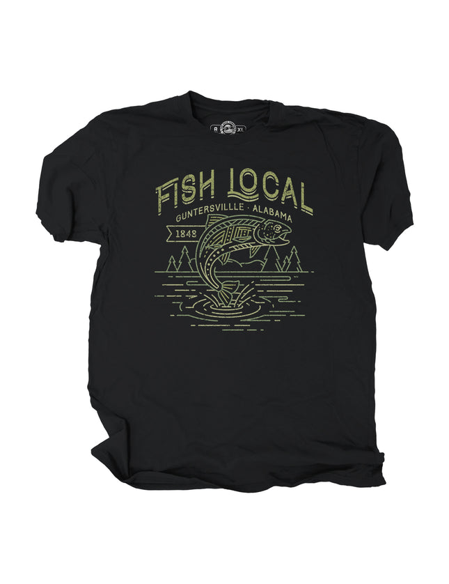 Black t-shirt with 'Fish Local' graphic design and words Guntersville Alabama on a white background