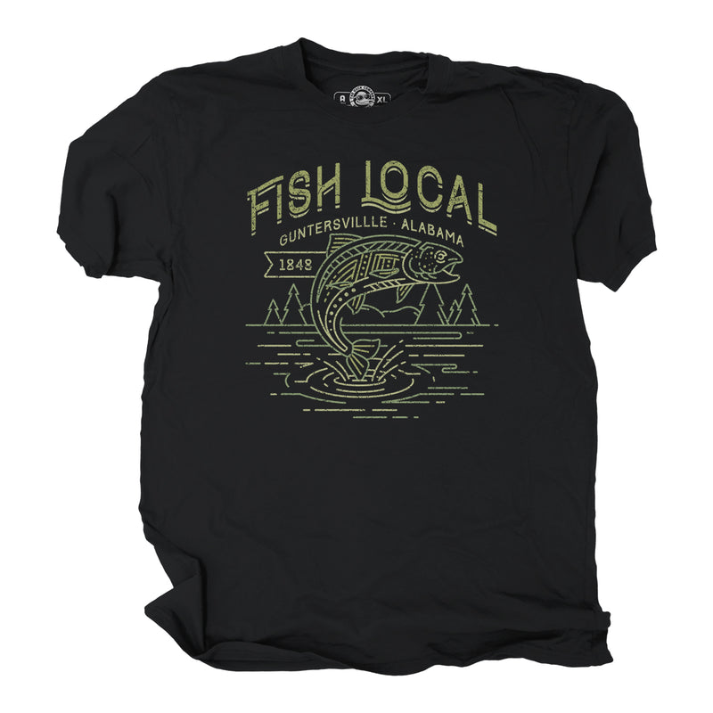 Black t-shirt with 'Fish Local' graphic design and words Guntersville Alabama on a white background