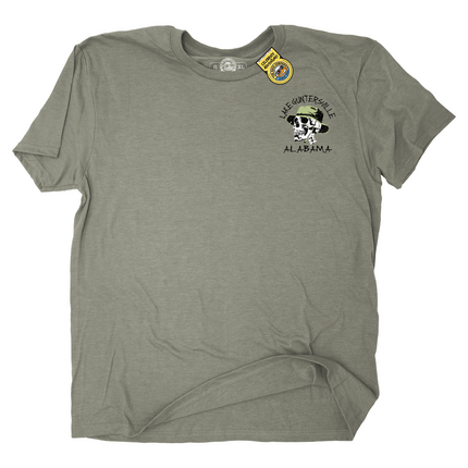 A heather gray short-sleeve t-shirt with a graphic on the left chest featuring a skull in an olive hat and the text 'Lake Guntersville, ALABAMA'. 