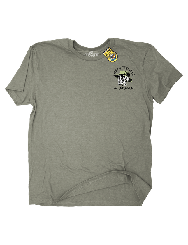 A heather gray short-sleeve t-shirt with a graphic on the left chest featuring a skull in an olive hat and the text 'Lake Guntersville, ALABAMA'. 