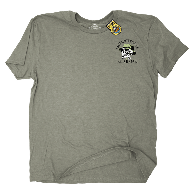 A heather gray short-sleeve t-shirt with a graphic on the left chest featuring a skull in an olive hat and the text 'Lake Guntersville, ALABAMA'. 