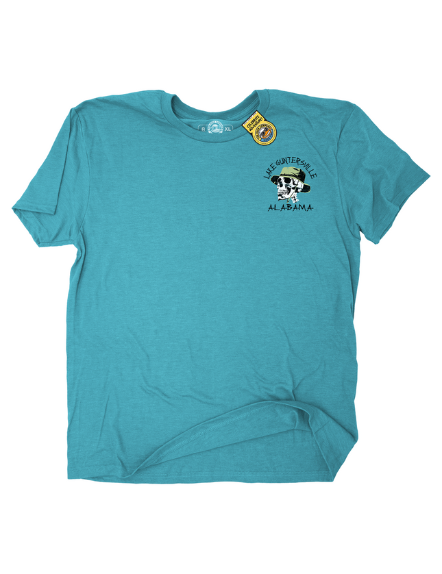 A heather teal short-sleeve t-shirt with a circular graphic on the left chest featuring a skull wearing a green hat and the text 'Lake Guntersville, ALABAMA'. 