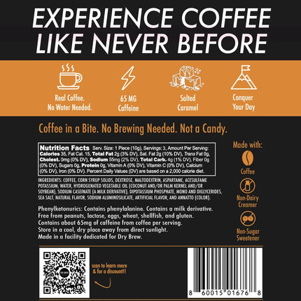 Back of a Dry Brew coffee bag package, featuring a black and orange design with the text 'EXPERIENCE COFFEE LIKE NEVER BEFORE' and product details including nutrition facts, ingredients, and a barcode.