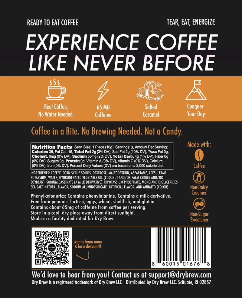 Back of a Dry Brew coffee bag package, featuring a black and orange design with the text 'EXPERIENCE COFFEE LIKE NEVER BEFORE' and product details including nutrition facts, ingredients, and a barcode.
