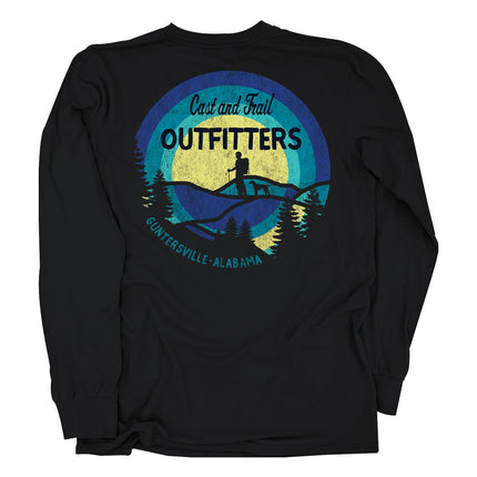 Black long sleeve t-shirt with a circular graphic of a hiker and dog in a forest with a yellow and blue background