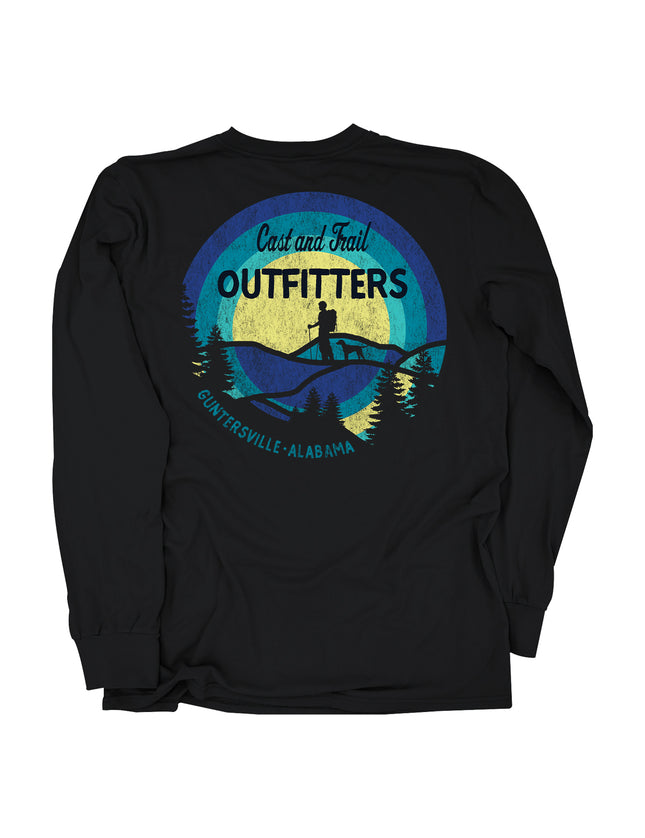 Black long sleeve t-shirt with a circular graphic of a hiker and dog in a forest with a yellow and blue background