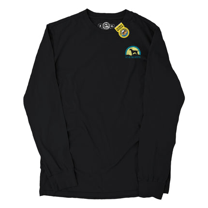 Black long-sleeve t-shirt with a small graphic of a dog silhouette against a yellow and blue background