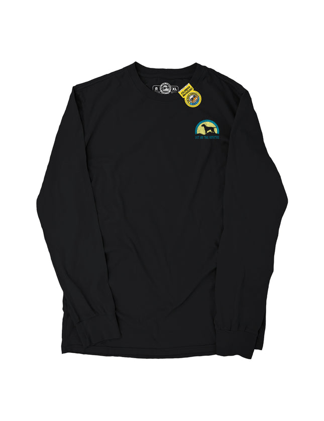 Black long-sleeve t-shirt with a small graphic of a dog silhouette against a yellow and blue background