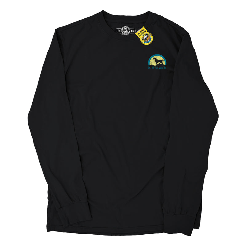 Black long-sleeve t-shirt with a small graphic of a dog silhouette against a yellow and blue background