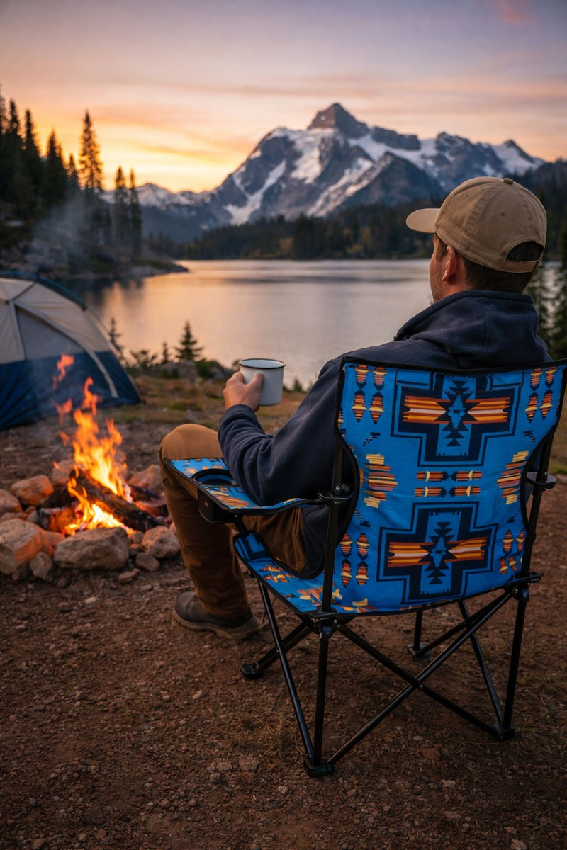 Person sitting in a blue camping chair by a campfire with mountains and lake in the background