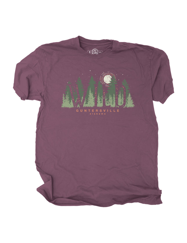 Maroon t-shirt with a forest graphic, moon, and the words Guntersville Alabama and Wild