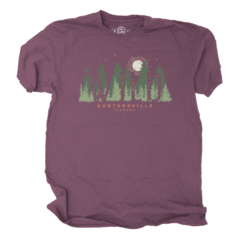 Maroon t-shirt with a forest graphic, moon, and the words Guntersville Alabama and Wild