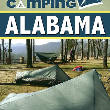 Best Tent Camping Alabama book cover with tents and a hammock in a forest clearing