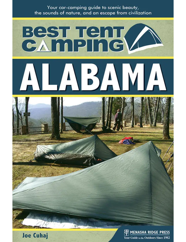 Best Tent Camping Alabama book cover with tents and a hammock in a forest clearing
