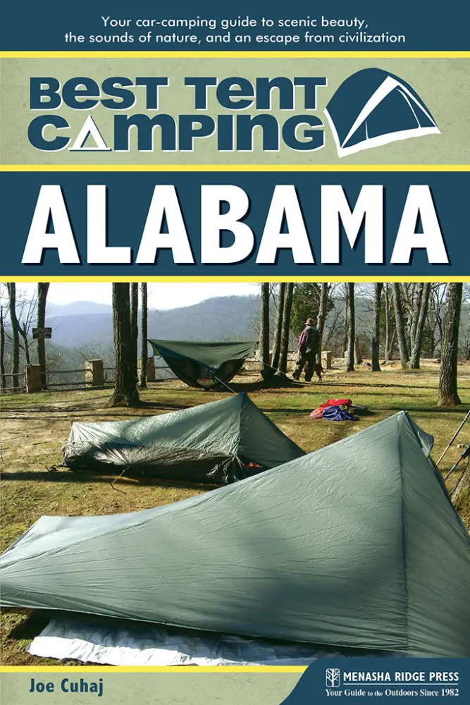 Best Tent Camping Alabama book cover with tents and a hammock in a forest clearing
