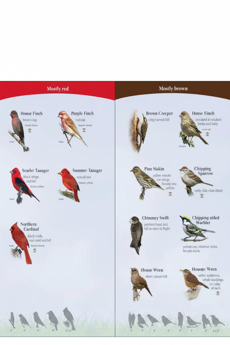 Bird identification chart with mostly red birds on the left and mostly brown birds on the right
