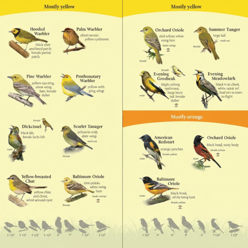 Bird identification guide showing various yellow and orange birds with their names and descriptions