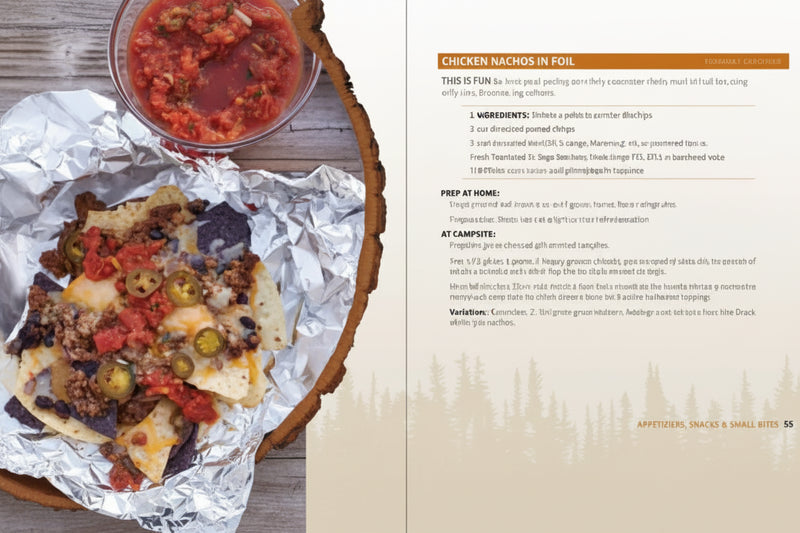 Chicken nachos in foil with salsa on a wooden table