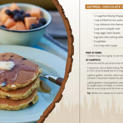 Oatmeal-chocolate chip pancakes recipe with a stack of pancakes and fruit