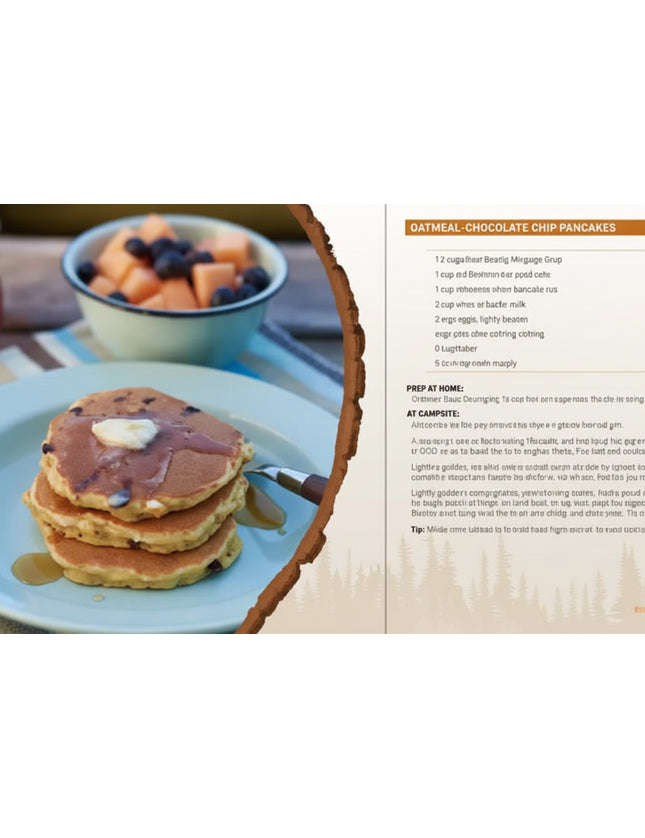 Oatmeal-chocolate chip pancakes recipe with a stack of pancakes and fruit