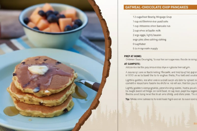 Oatmeal-chocolate chip pancakes recipe with a stack of pancakes and fruit